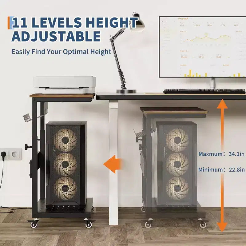 Adjustable 2-Tier Computer Tower Cart with Wheels, Mobile CPU Stand with Cable Management and Hooks, Compact Side Table for Gaming or Home Office