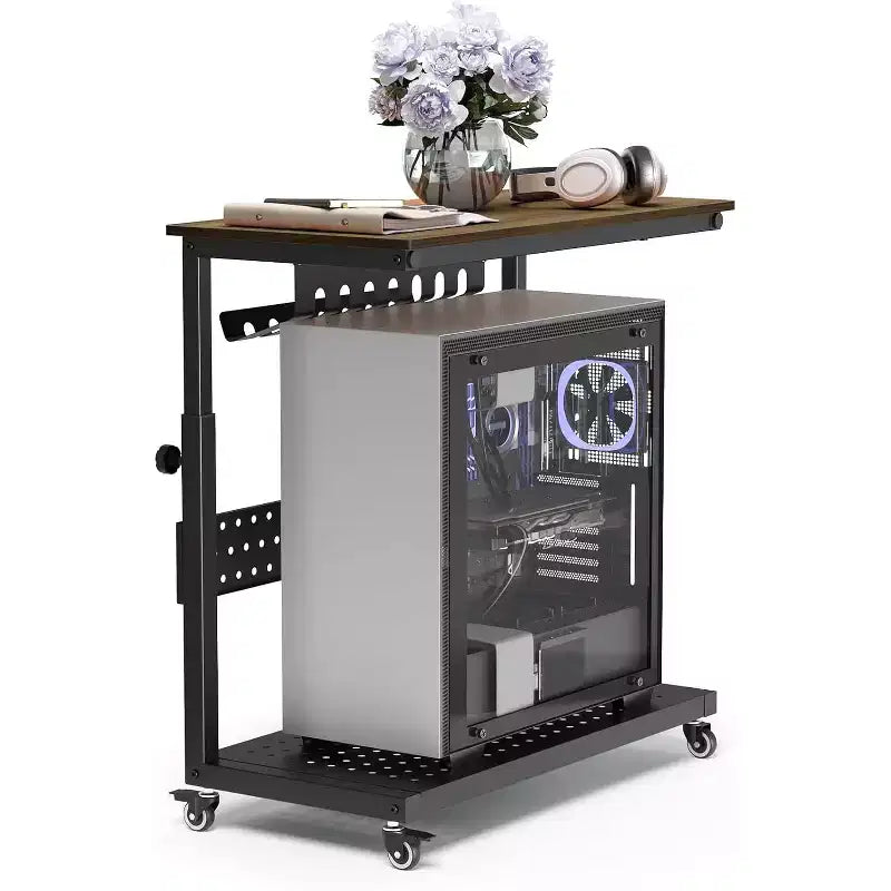 Adjustable 2-Tier Computer Tower Cart with Wheels, Mobile CPU Stand with Cable Management and Hooks, Compact Side Table for Gaming or Home Office