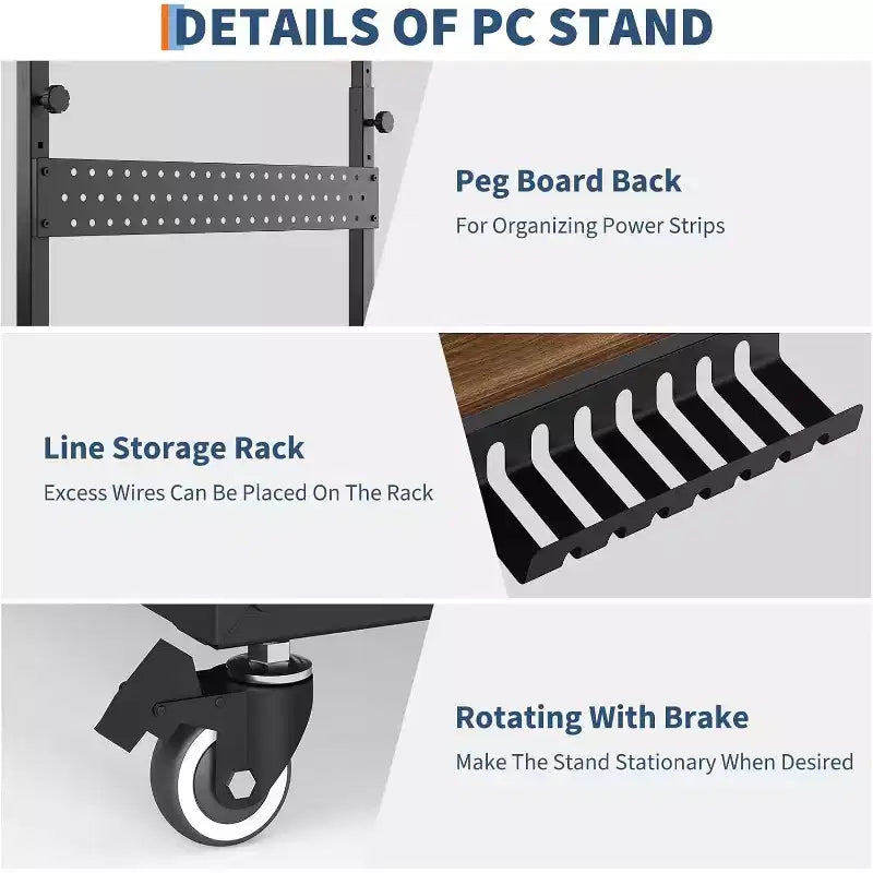 Adjustable 2-Tier Computer Tower Cart with Wheels, Mobile CPU Stand with Cable Management and Hooks, Compact Side Table for Gaming or Home Office