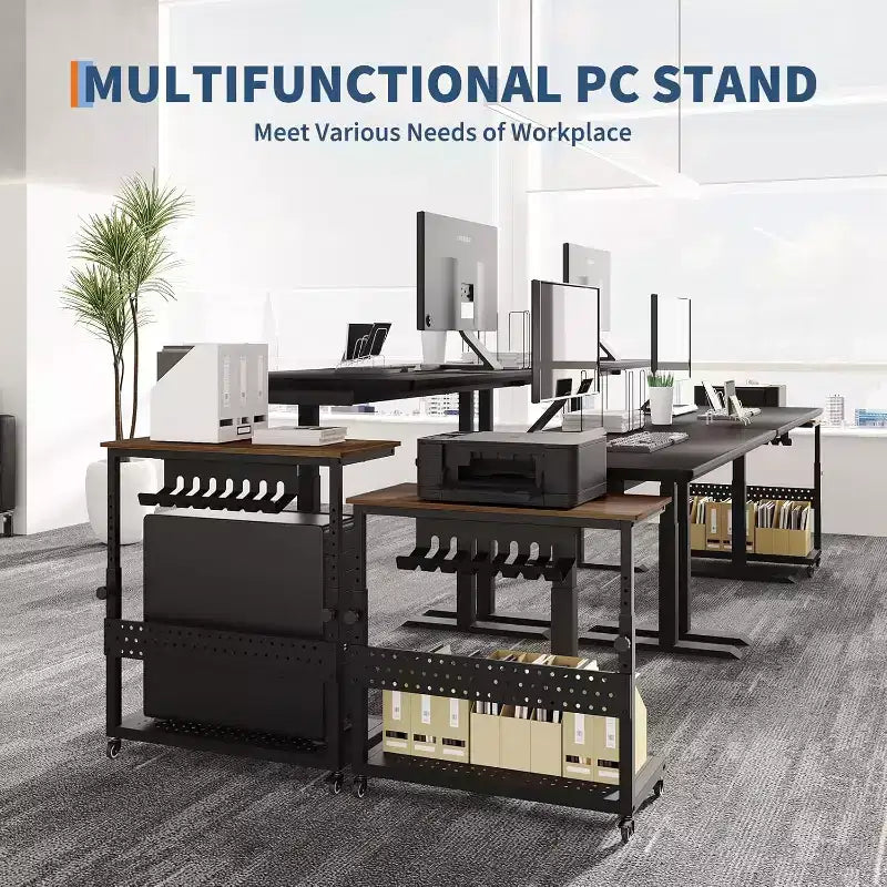 Adjustable 2-Tier Computer Tower Cart with Wheels, Mobile CPU Stand with Cable Management and Hooks, Compact Side Table for Gaming or Home Office