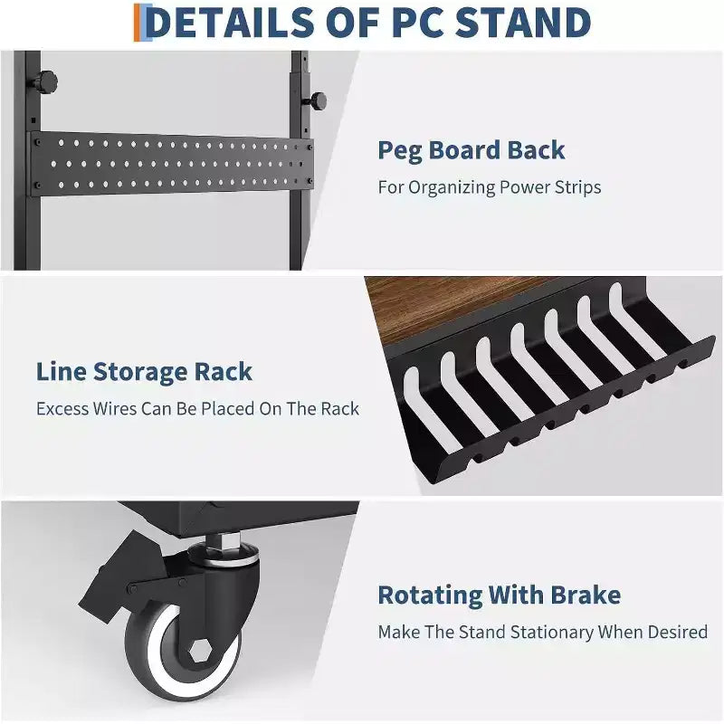 Adjustable 2-Tier Computer Tower Cart with Wheels, Mobile CPU Stand with Cable Management and Hooks, Compact Side Table for Gaming or Home Office