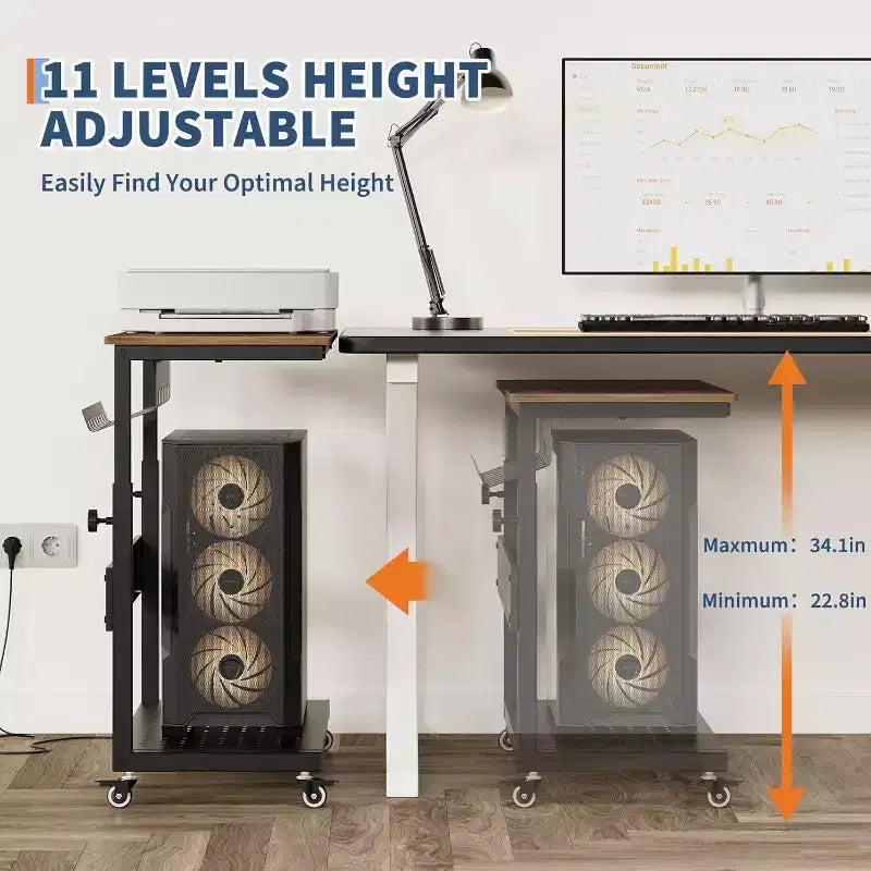 Adjustable 2-Tier Computer Tower Cart with Wheels, Mobile CPU Stand with Cable Management and Hooks, Compact Side Table for Gaming or Home Office