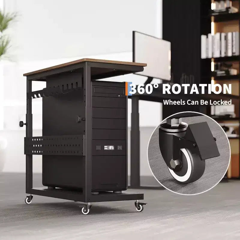 Adjustable 2-Tier Computer Tower Cart with Wheels, Mobile CPU Stand with Cable Management and Hooks, Compact Side Table for Gaming or Home Office