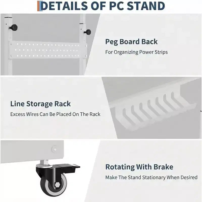 Adjustable 2-Tier Computer Tower Cart with Wheels, Mobile CPU Stand with Cable Management and Hooks, Compact Side Table for Gaming or Home Office