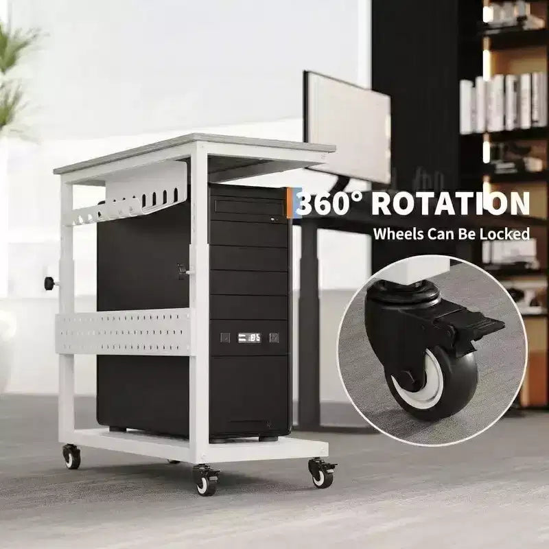Adjustable 2-Tier Computer Tower Cart with Wheels, Mobile CPU Stand with Cable Management and Hooks, Compact Side Table for Gaming or Home Office