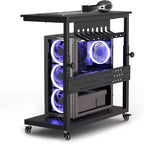 Adjustable 2-Tier Computer Tower Cart with Wheels, Mobile CPU Stand with Cable Management and Hooks, Compact Side Table for Gaming or Home Office