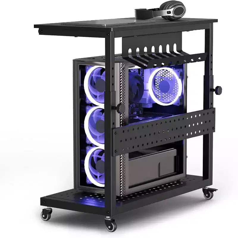 Adjustable 2-Tier Computer Tower Cart with Wheels, Mobile CPU Stand with Cable Management and Hooks, Compact Side Table for Gaming or Home Office