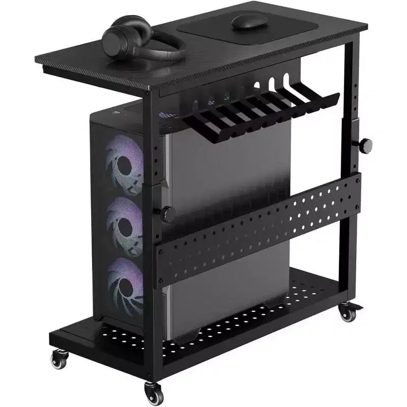 Adjustable 2-Tier Computer Tower Cart with Wheels, Mobile CPU Stand with Cable Management and Hooks, Compact Side Table for Gaming or Home Office