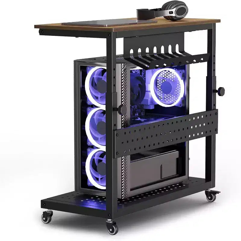 Adjustable 2-Tier Computer Tower Cart with Wheels, Mobile CPU Stand with Cable Management and Hooks, Compact Side Table for Gaming or Home Office