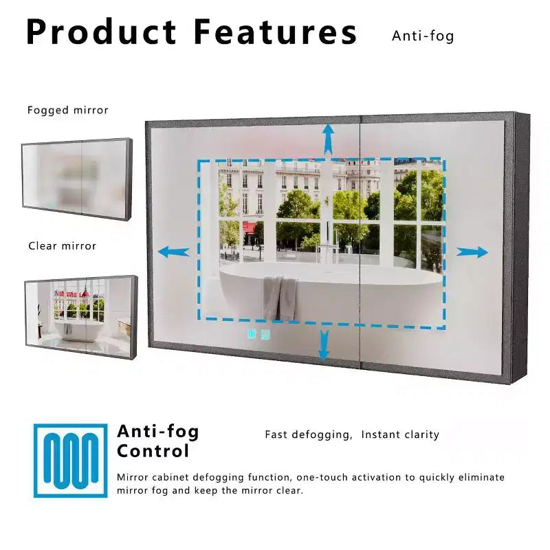 Zeus & Ruta 39.3x23.6 Wall-Mounted Bathroom Medicine Cabinet with Mirror, Single-Color White Light & Anti-Fog, Storage Shelves