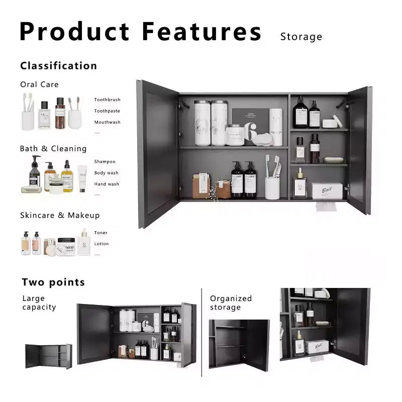 Zeus & Ruta 39.3x23.6 Wall-Mounted Bathroom Medicine Cabinet with Mirror, Single-Color White Light & Anti-Fog, Storage Shelves