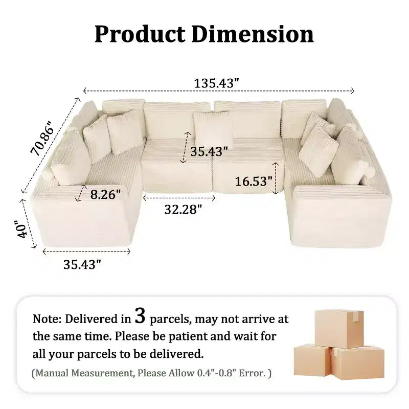 GDFStudio Arly Modern 6-Seater Corduroy U-Shaped Boneless Sectional Sofa