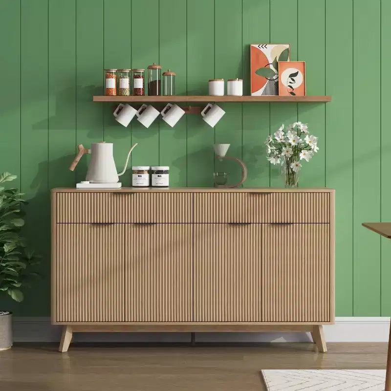 60 Inch Fluted Buffet Cabinet with 2 Drawers and 4 Doors, Modern Sideboard Storage Cabinet for Dining Room, Living Room, Entryway