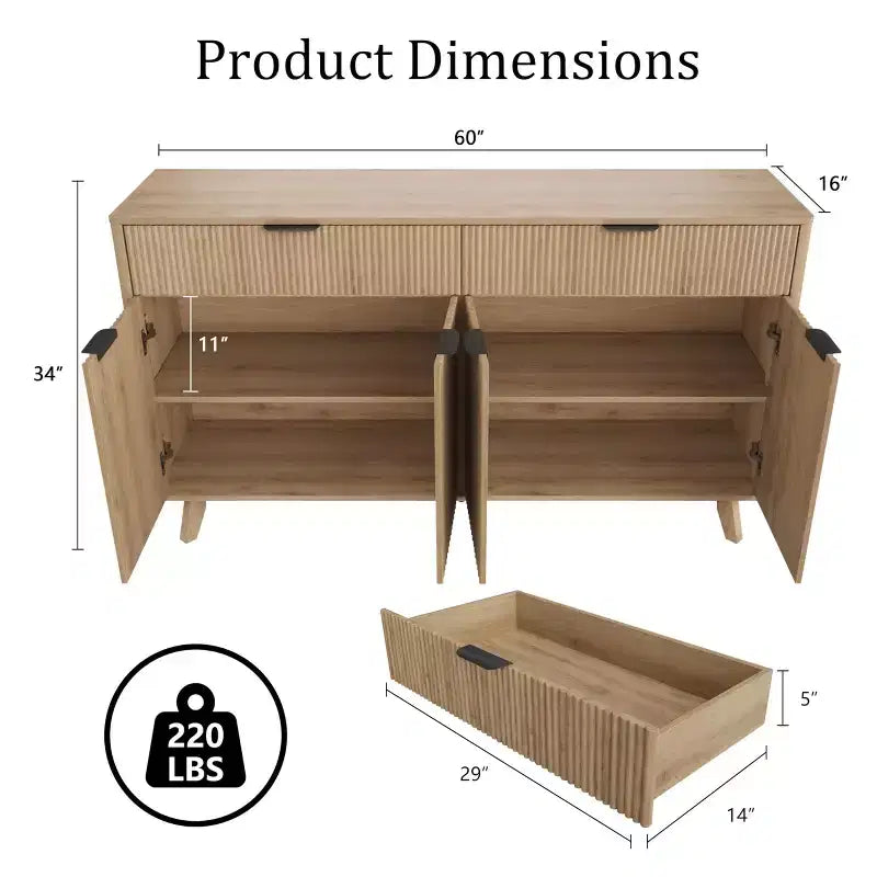 60 Inch Fluted Buffet Cabinet with 2 Drawers and 4 Doors, Modern Sideboard Storage Cabinet for Dining Room, Living Room, Entryway