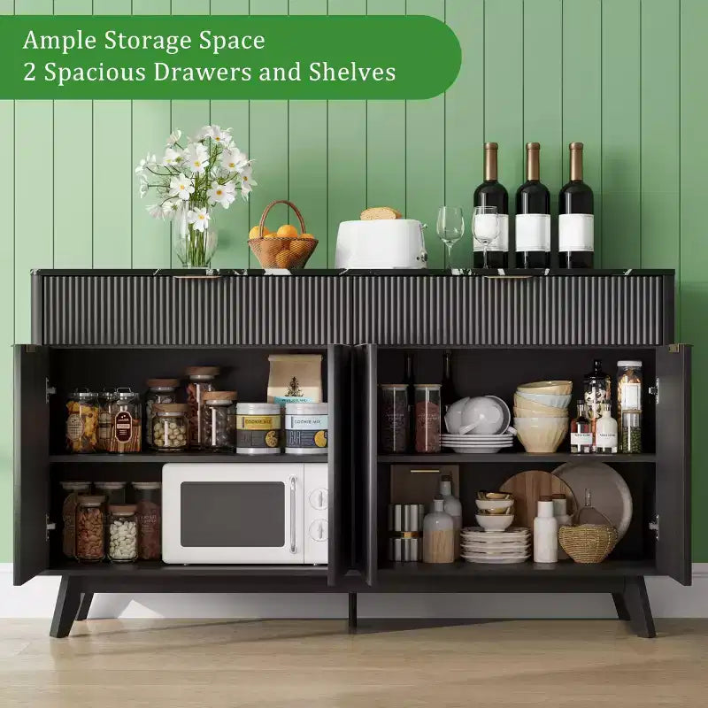 60 Inch Fluted Buffet Cabinet with 2 Drawers and 4 Doors, Modern Sideboard Storage Cabinet for Dining Room, Living Room, Entryway