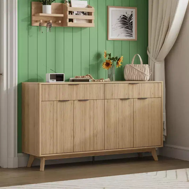 60 Inch Fluted Buffet Cabinet with 2 Drawers and 4 Doors, Modern Sideboard Storage Cabinet for Dining Room, Living Room, Entryway