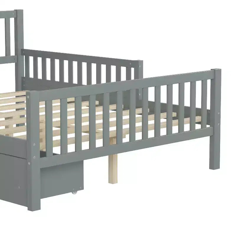 Full Wood Platform Bed with Guardrails and 2 Storage Drawers, Gray