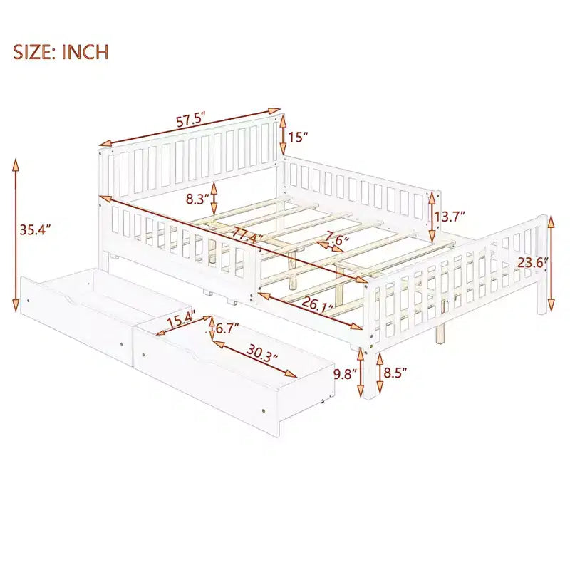 Full Wood Platform Bed with Guardrails and 2 Storage Drawers, Gray