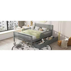 Full Wood Platform Bed with Guardrails and 2 Storage Drawers, Gray