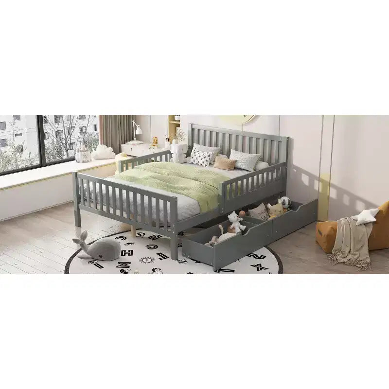 Full Wood Platform Bed with Guardrails and 2 Storage Drawers, Gray