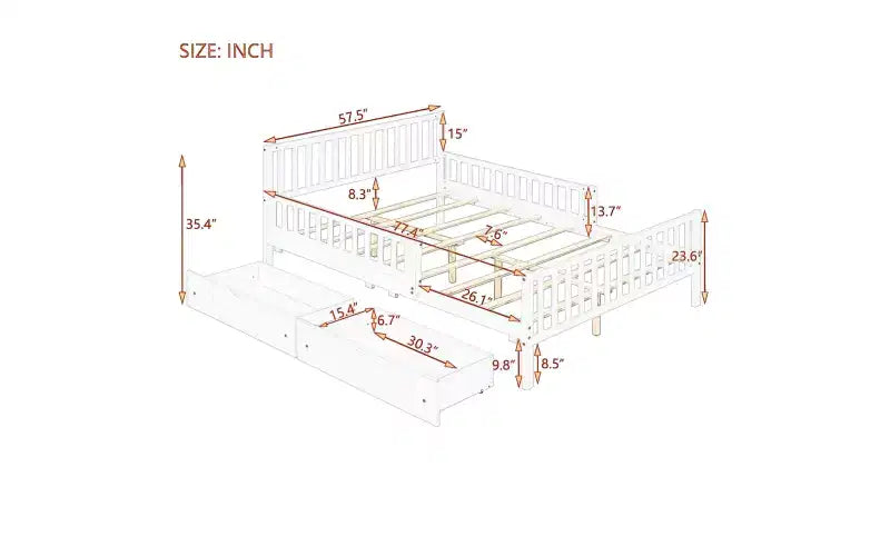 Full Wood Platform Bed with Guardrails and 2 Storage Drawers, Gray