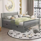 Full Wood Platform Bed with Guardrails and 2 Storage Drawers, Gray