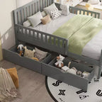 Full Wood Platform Bed with Guardrails and 2 Storage Drawers, Gray