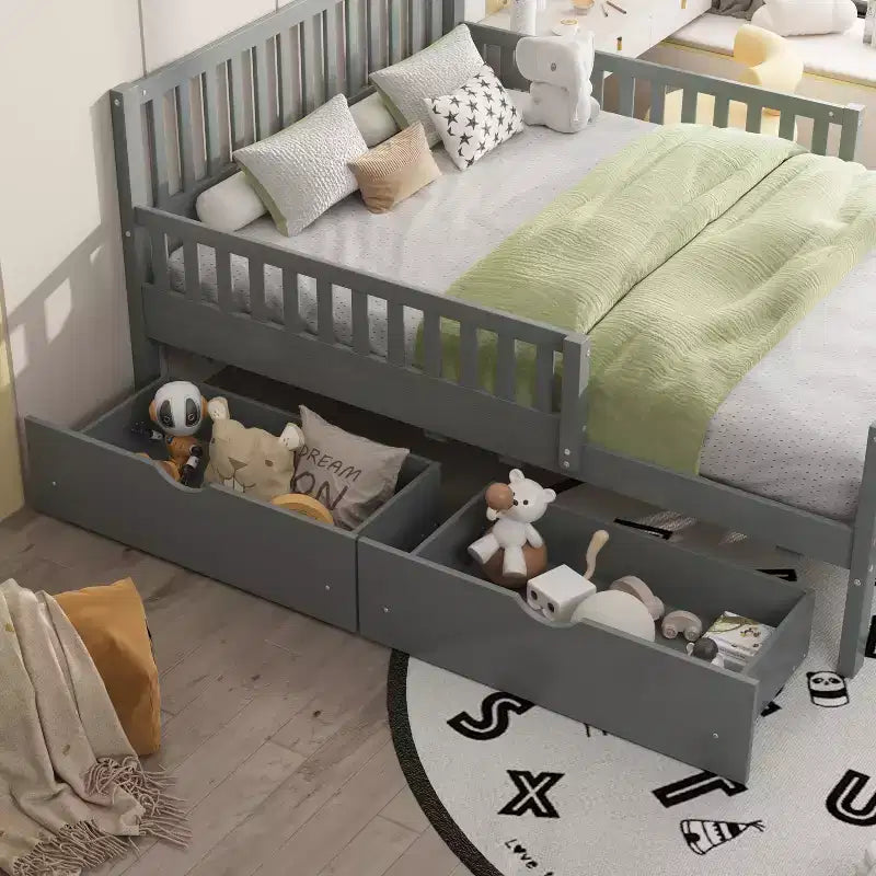 Full Wood Platform Bed with Guardrails and 2 Storage Drawers, Gray