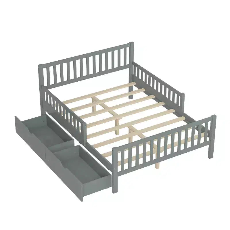 Full Wood Platform Bed with Guardrails and 2 Storage Drawers, Gray
