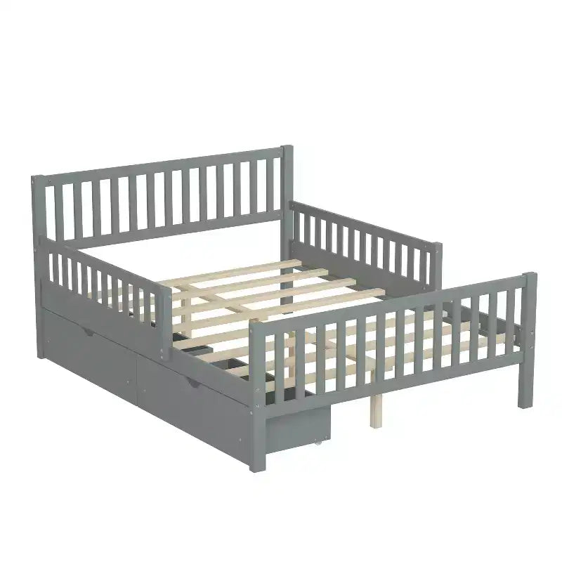 Full Wood Platform Bed with Guardrails and 2 Storage Drawers, Gray
