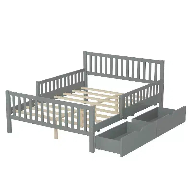 Full Wood Platform Bed with Guardrails and 2 Storage Drawers, Gray