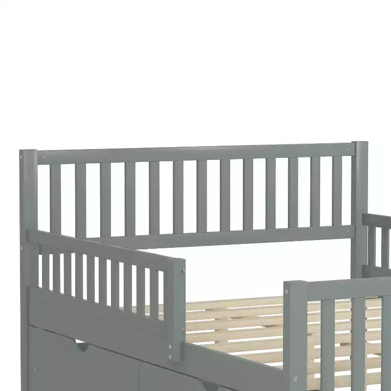 Full Wood Platform Bed with Guardrails and 2 Storage Drawers, Gray