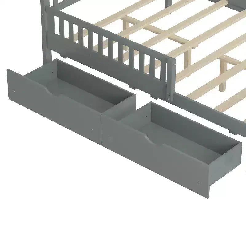 Full Wood Platform Bed with Guardrails and 2 Storage Drawers, Gray