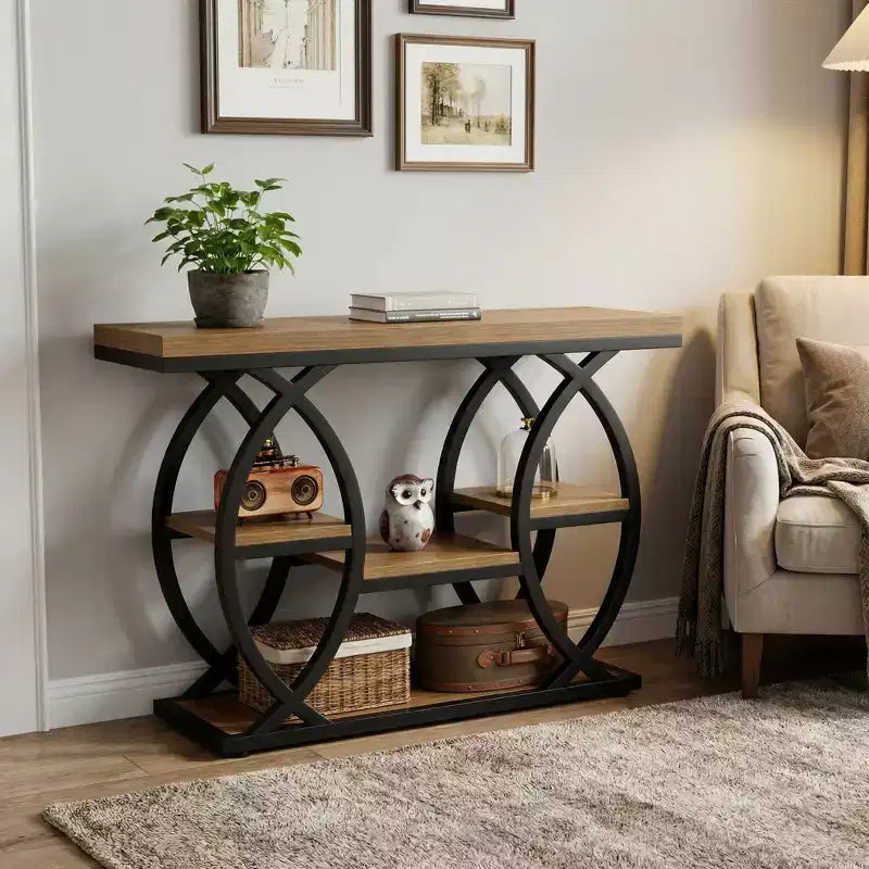 JVNOXK Industrial 4-Tier End Table with Geometric Metal Frame for Living Room