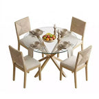 Modern Round Glass Dining Table Set for 4, Kitchen Dining Set with Upholstered Woven Back Chairs, Kitchen & Dining Room Furniture-Panipeachy