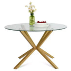 Modern Round Glass Dining Table Set for 4, Kitchen Dining Set with Upholstered Woven Back Chairs, Kitchen & Dining Room Furniture-Panipeachy