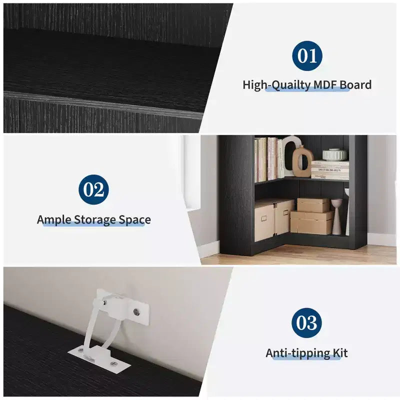 71.8 Tall Corner Bookshelf, 5-Tier L-Shaped Large Bookcase with Anti-Tipping Kit, Space-Saving Storage for Home & Office