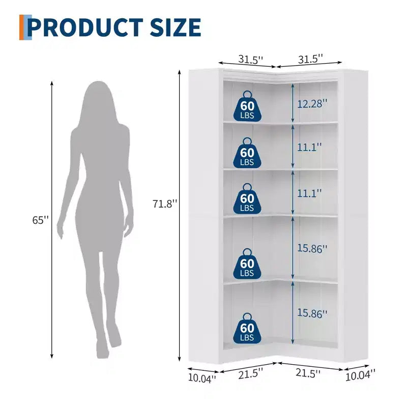 71.8 Tall Corner Bookshelf, 5-Tier L-Shaped Large Bookcase with Anti-Tipping Kit, Space-Saving Storage for Home & Office