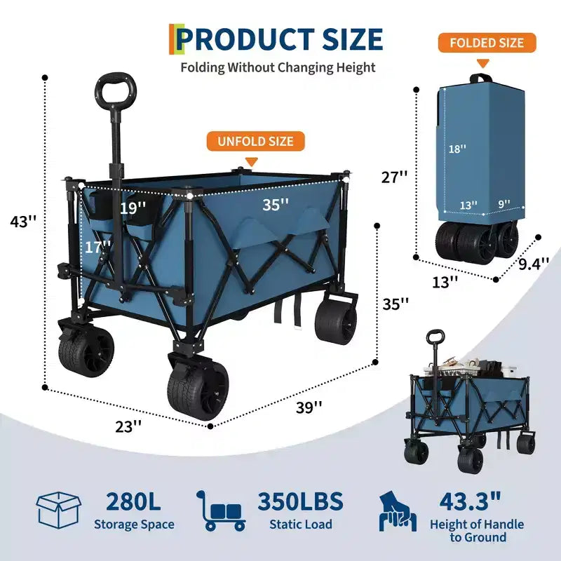 Heavy Duty 35 Extra Large Collapsible Utility Wagon Cart  Collapsible All-Terrain Garden Trolley  350lbs Capacity, Locking Brake, Cup Holders