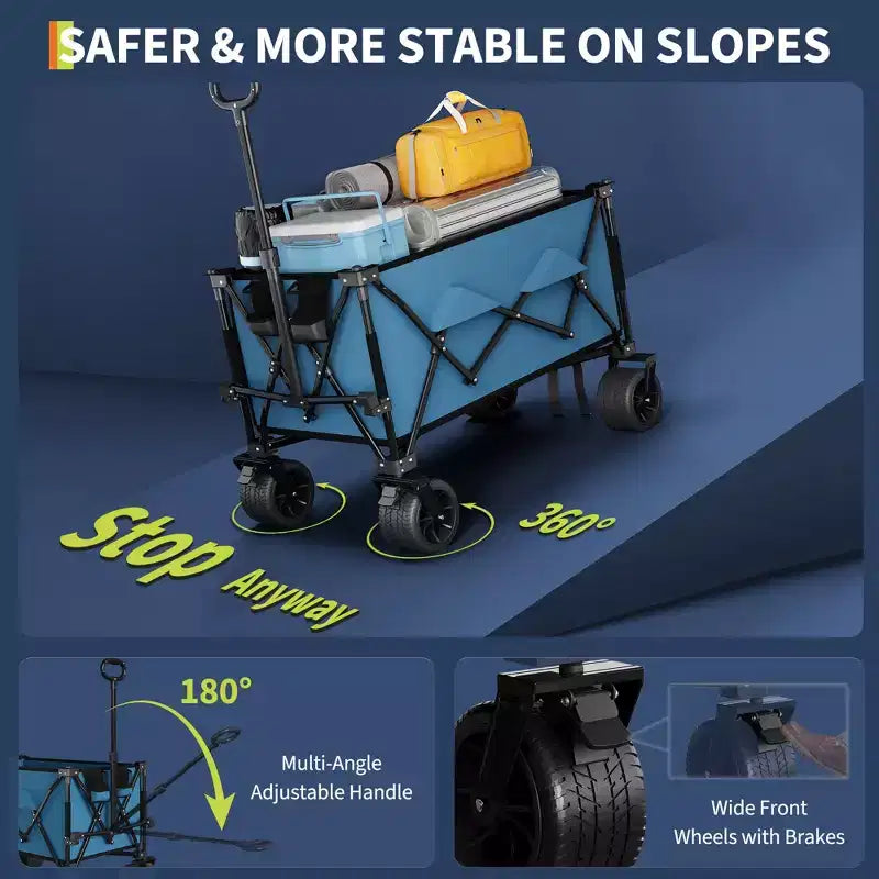 Heavy Duty 35 Extra Large Collapsible Utility Wagon Cart  Collapsible All-Terrain Garden Trolley  350lbs Capacity, Locking Brake, Cup Holders