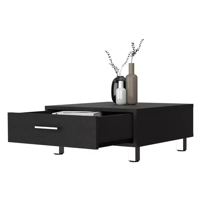 Wenge Rectangle Coffee Table with 1 Drawer, Four Metal Legs Metal Handle Superior Top Living Room Accent Table