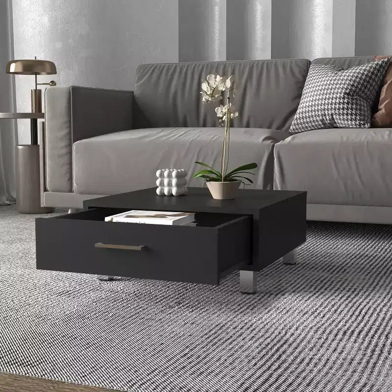 Wenge Rectangle Coffee Table with 1 Drawer, Four Metal Legs Metal Handle Superior Top Living Room Accent Table