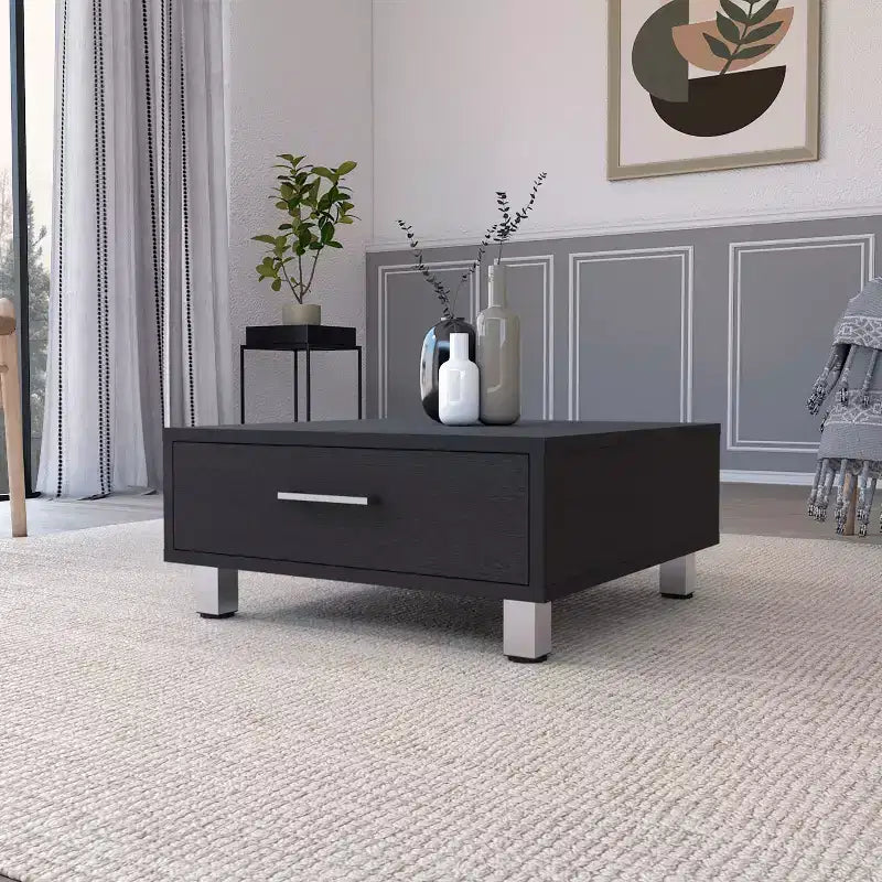 Wenge Rectangle Coffee Table with 1 Drawer, Four Metal Legs Metal Handle Superior Top Living Room Accent Table