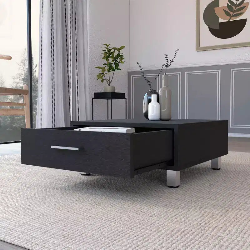 Wenge Rectangle Coffee Table with 1 Drawer, Four Metal Legs Metal Handle Superior Top Living Room Accent Table