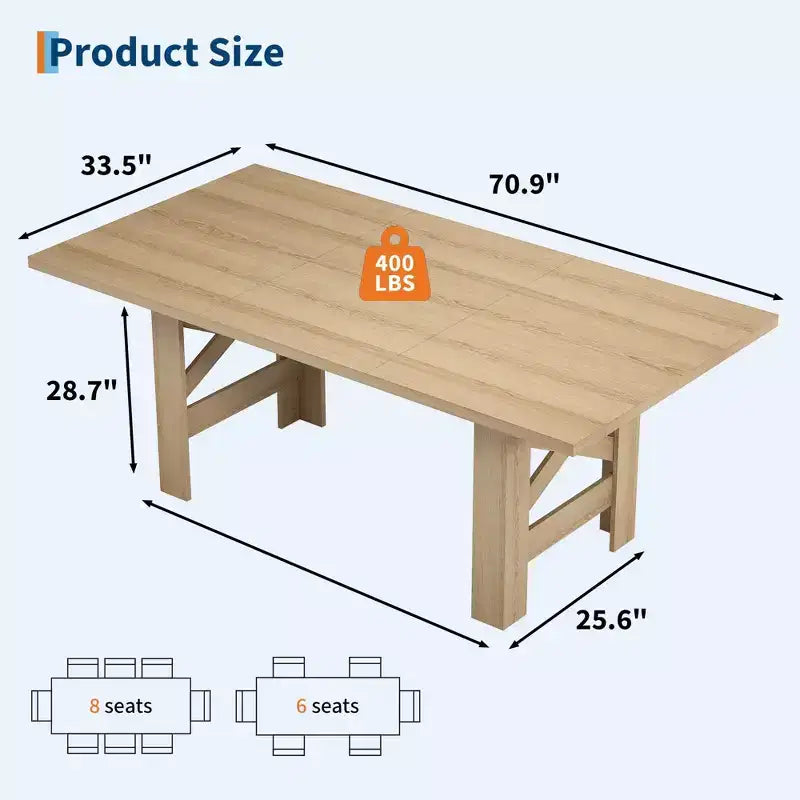 71 Farmhouse Dining Table for 6-8, Large Rectangular Wooden Kitchen Room Table Only w/ Heavy Duty Base & Triangular Legs for Home & Office