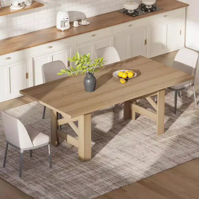 71 Farmhouse Dining Table for 6-8, Large Rectangular Wooden Kitchen Room Table Only w/ Heavy Duty Base & Triangular Legs for Home & Office
