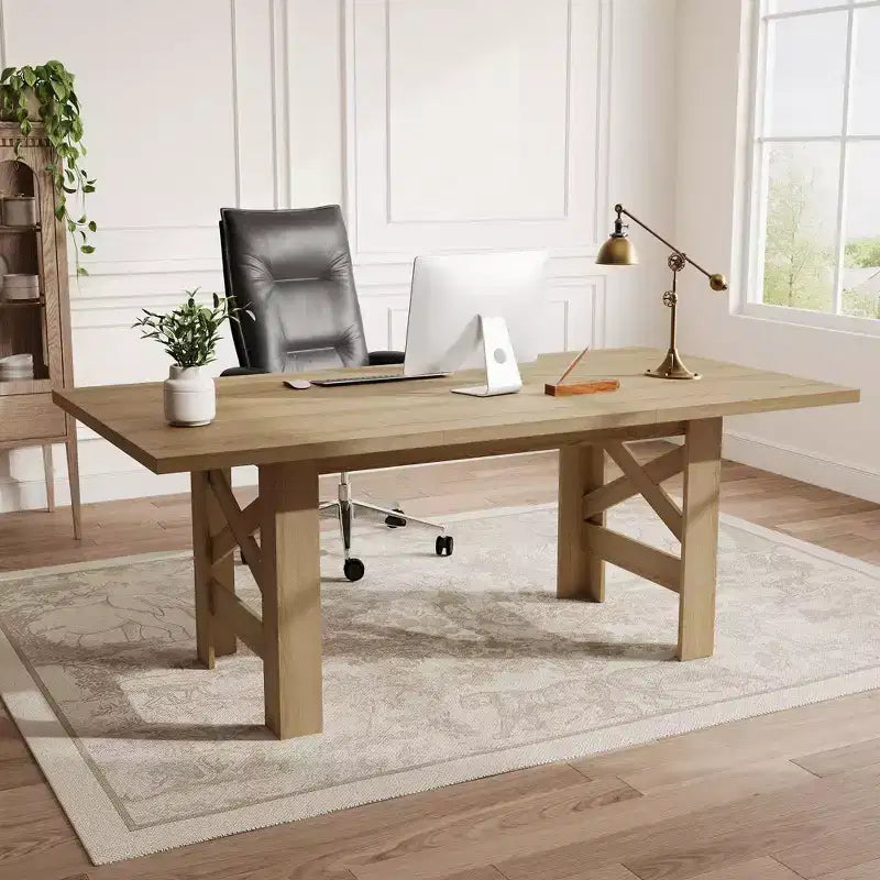 71 Farmhouse Dining Table for 6-8, Large Rectangular Wooden Kitchen Room Table Only w/ Heavy Duty Base & Triangular Legs for Home & Office