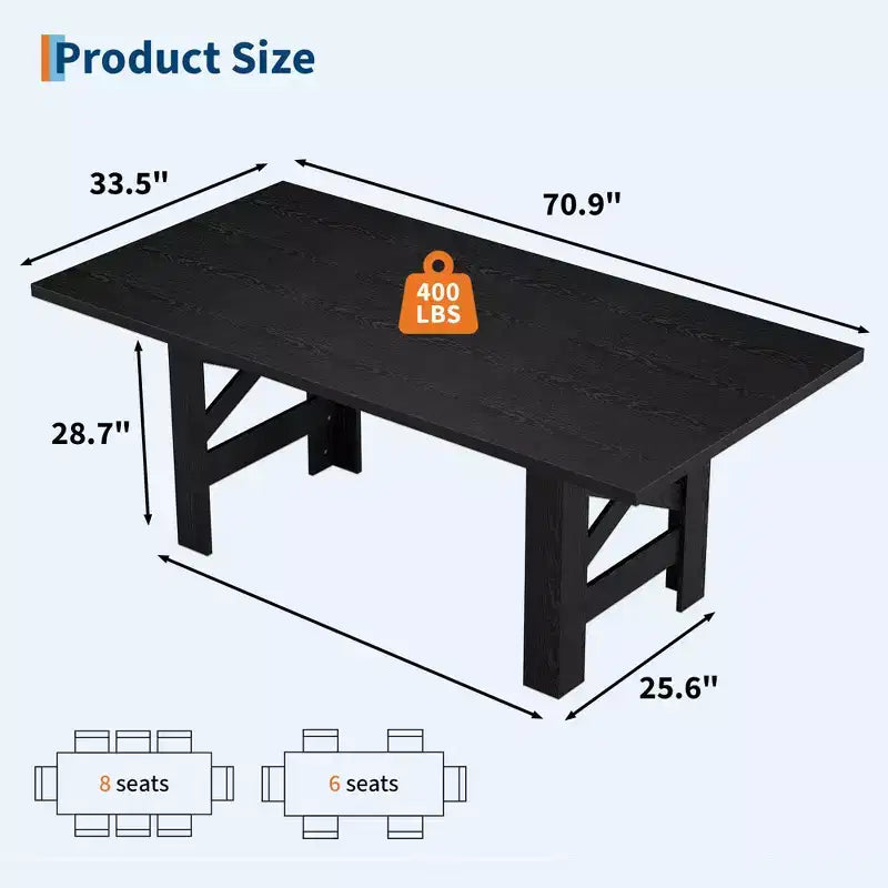 71 Farmhouse Dining Table for 6-8, Large Rectangular Wooden Kitchen Room Table Only w/ Heavy Duty Base & Triangular Legs for Home & Office
