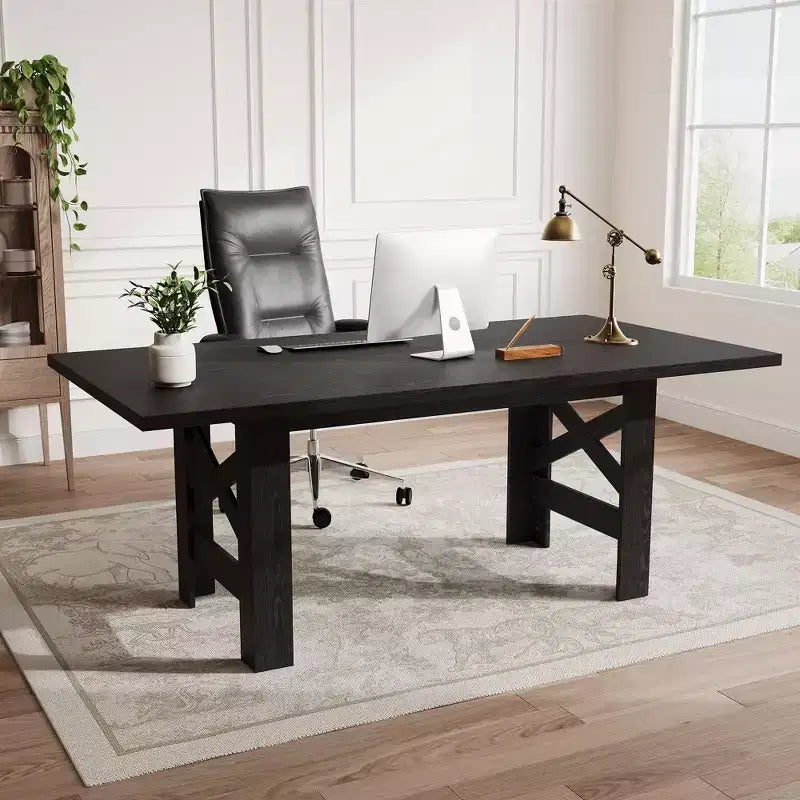 71 Farmhouse Dining Table for 6-8, Large Rectangular Wooden Kitchen Room Table Only w/ Heavy Duty Base & Triangular Legs for Home & Office