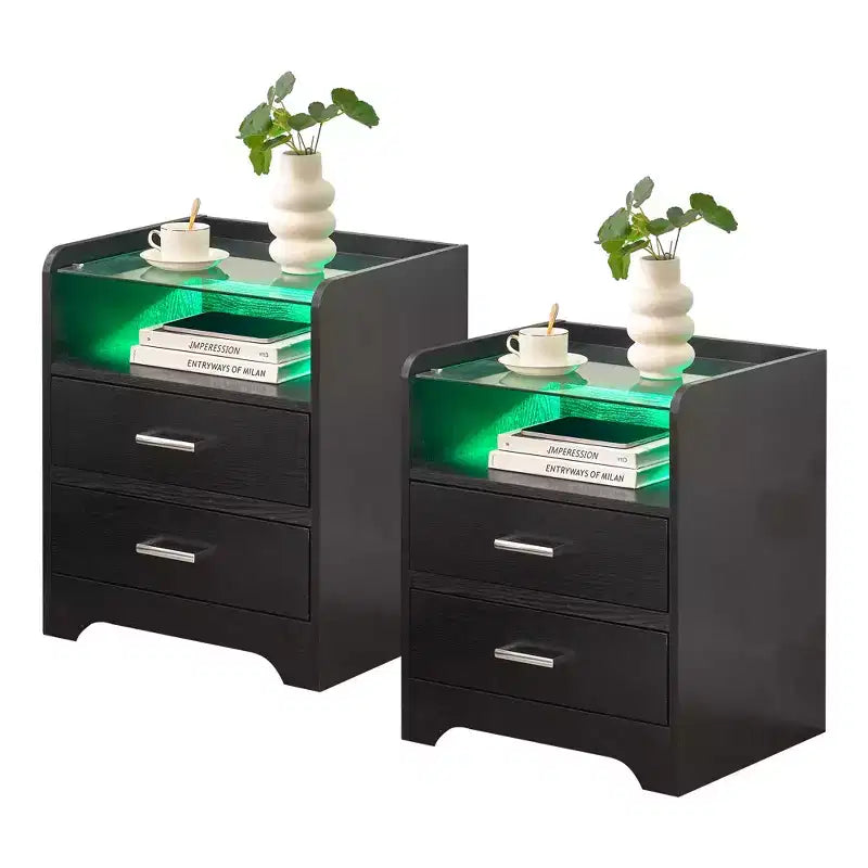 LED Nightstand with Glass Top, Modern Wood Bedside Table with LED Lights, Small Bedroom Side Table, Display End Table for Living Room